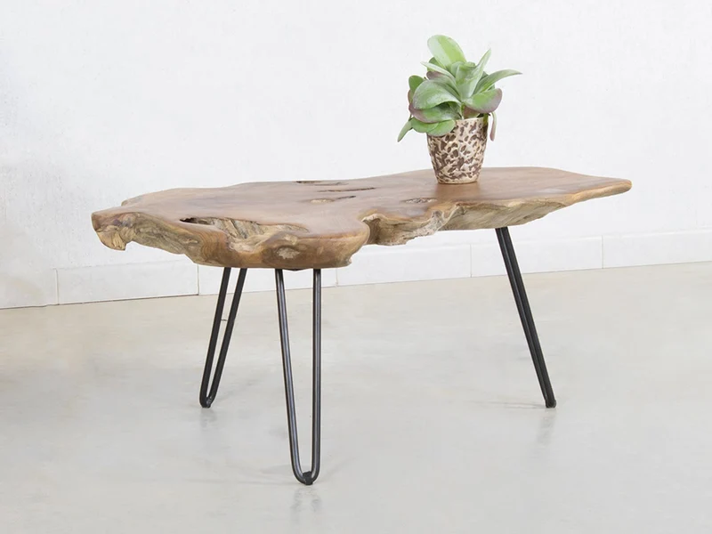 Couchtisch aus Teakholz Massiv mit Stahl Untergestell
