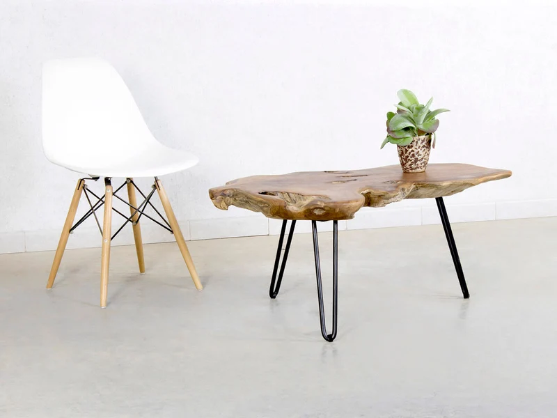 Couchtisch aus Teakholz Massiv mit Stahl Untergestell