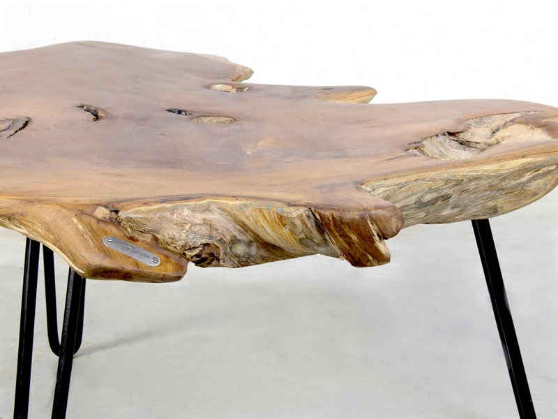 Couchtisch aus Teakholz Massiv mit Stahl Untergestell