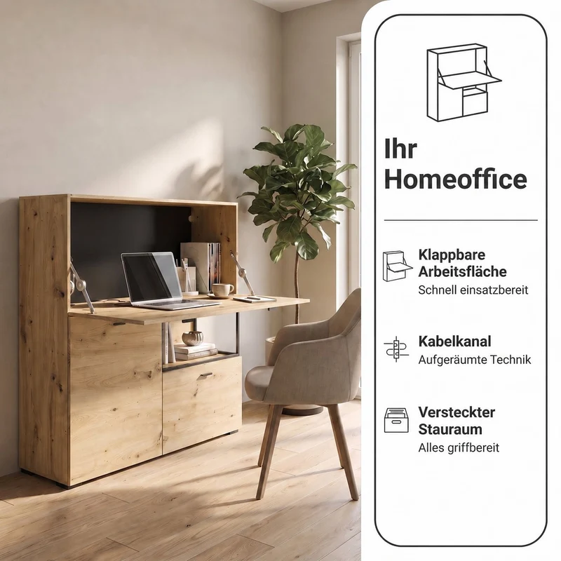 byLIVING Sekretär FRAME, klappbarer Schreibtisch mit Kabelkanal, ca. 120 x 40 cm, H 127 cm, Artisan Eiche-Optik, schwarzes Metall, für Homeoffice & Wohnzimmer