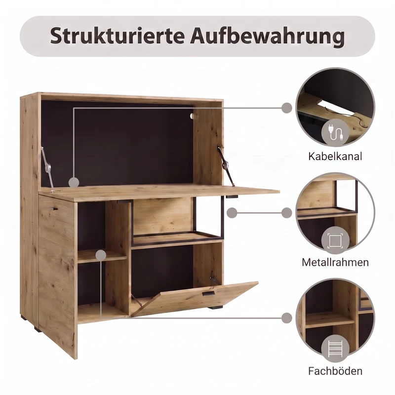 byLIVING Sekretär FRAME, klappbarer Schreibtisch mit Kabelkanal, ca. 120 x 40 cm, H 127 cm, Artisan Eiche-Optik, schwarzes Metall, für Homeoffice & Wohnzimmer