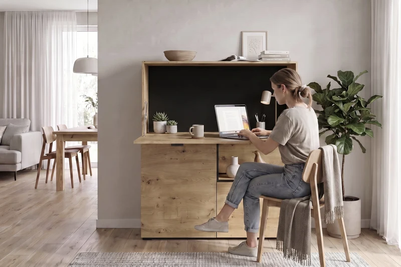 byLIVING Sekretär FRAME, klappbarer Schreibtisch mit Kabelkanal, ca. 120 x 40 cm, H 127 cm, Artisan Eiche-Optik, schwarzes Metall, für Homeoffice & Wohnzimmer