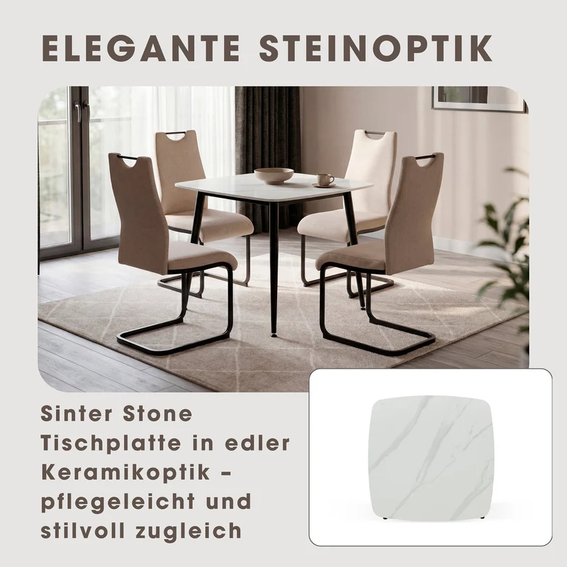 Tisch VERONA, Metall schwarz pulverbe. Keramikoptik weiß, platzsparend & modern, Esstisch, Küchentisch, Maße: B 90, H 75, T 90 cm
