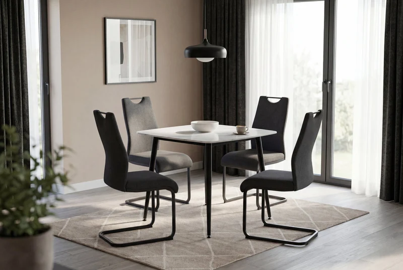 Tisch VERONA, Metall schwarz pulverbe. Keramikoptik weiß, platzsparend & modern, Esstisch, Küchentisch, Maße: B 90, H 75, T 90 cm