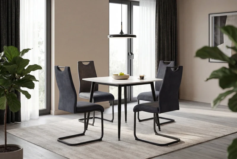 Tisch VERONA, Metall schwarz pulverbe. Keramikoptik weiß, platzsparend & modern, Esstisch, Küchentisch, Maße: B 90, H 75, T 90 cm