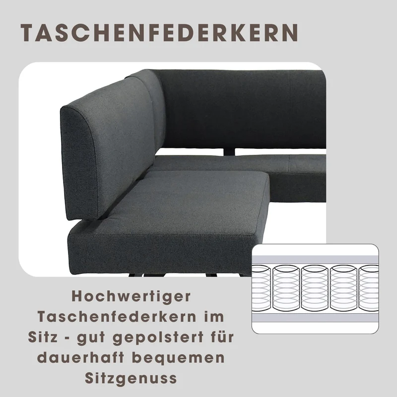 Eckbank TORONTO, Bezug in dunkelgrau oder taupe, Gestell in schwarz, L-Form langer Schenkel links oder rechts, Taschenfederkern, Küchenbank, Speisezimmerbank, Maße: B 182 x 128, H 85 cm oder 128 x 182, H 85 cm