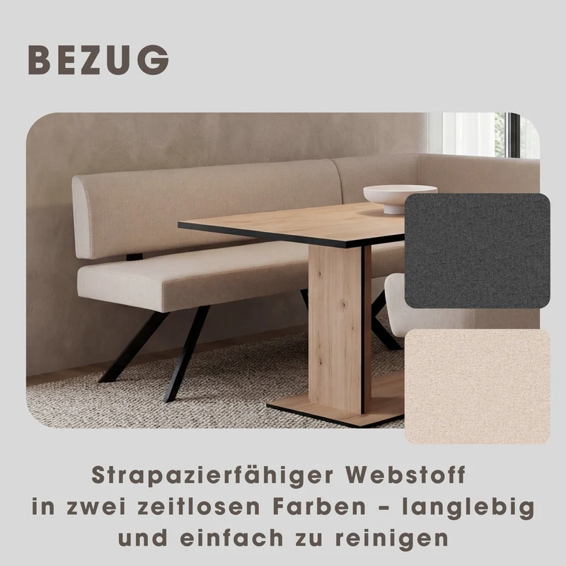 Eckbank TORONTO, Bezug in dunkelgrau oder taupe, Gestell in schwarz, L-Form langer Schenkel links oder rechts, Taschenfederkern, Küchenbank, Speisezimmerbank, Maße: B 182 x 128, H 85 cm oder 128 x 182, H 85 cm