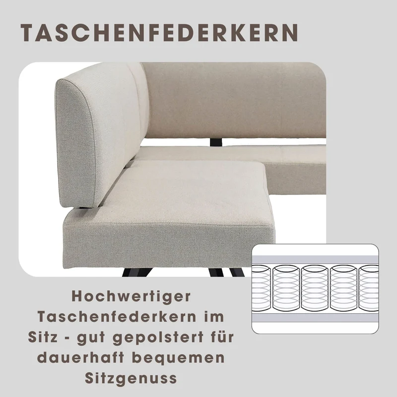 Eckbank TORONTO, Bezug in dunkelgrau oder taupe, Gestell in schwarz, L-Form langer Schenkel links oder rechts, Taschenfederkern, Küchenbank, Speisezimmerbank, Maße: B 182 x 128, H 85 cm oder 128 x 182, H 85 cm