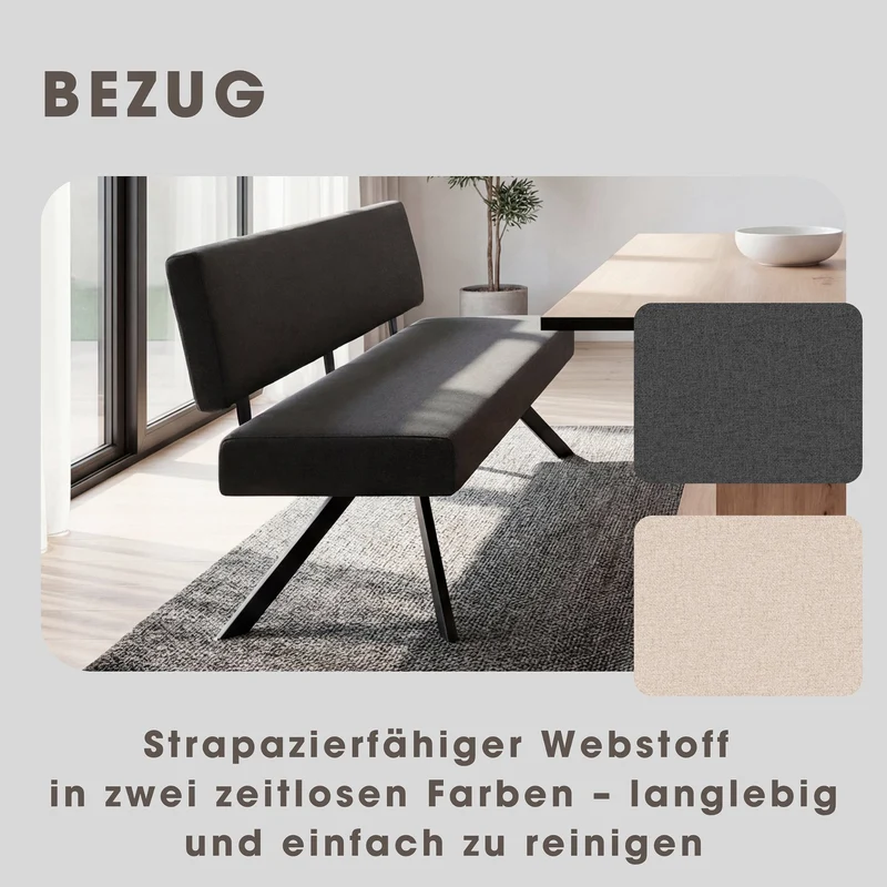 Sitzbank TORONTO, Bezug in dunkelgrau oder taupe, Gestell in schwarz, mit Rückenlehne und hohem Sitzkomfort, Esszimmerbank, Küchenbank, Maße: B 138, H 83, T 60 cm