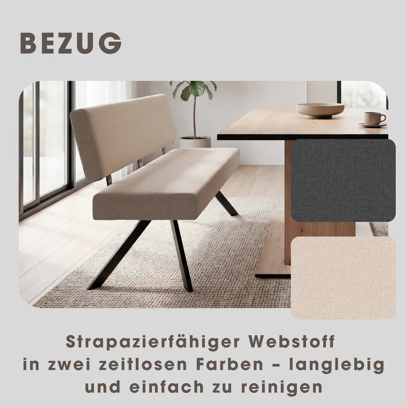 Sitzbank TORONTO, Bezug in dunkelgrau oder taupe, Gestell in schwarz, mit Rückenlehne und hohem Sitzkomfort, Esszimmerbank, Küchenbank, Maße: B 138, H 83, T 60 cm