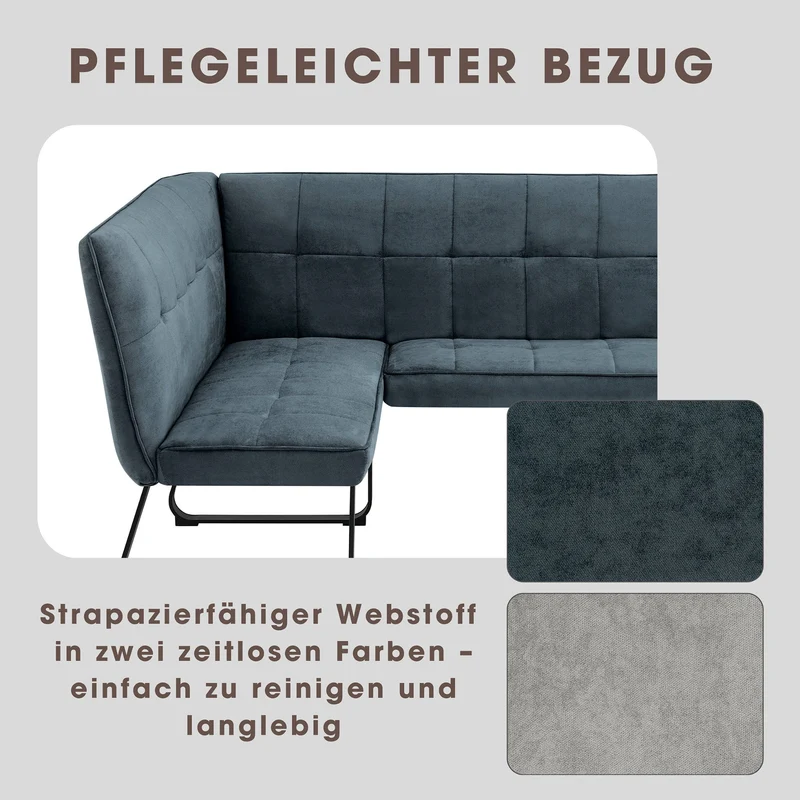 Eckbank TALEA / Webstoffbezug in dunkelgrau oder hellgrau, Gestell in schwarz / Große Eckbank L-Form, Langer Schenkel links oder rechts, komfortable Nosaqfederung / Sitzbank / Essbank / Maße: 168 x 128, H 93,5 oder 128 x 168, H 93,5 cm