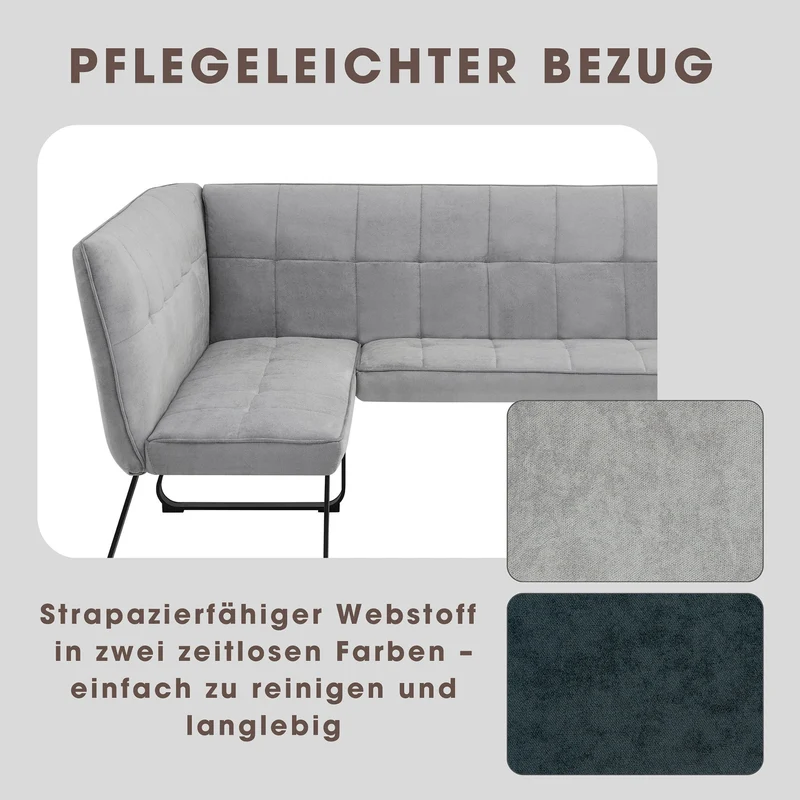 Eckbank TALEA / Webstoffbezug in dunkelgrau oder hellgrau, Gestell in schwarz / Große Eckbank L-Form, Langer Schenkel links oder rechts, komfortable Nosaqfederung / Sitzbank / Essbank / Maße: 168 x 128, H 93,5 oder 128 x 168, H 93,5 cm