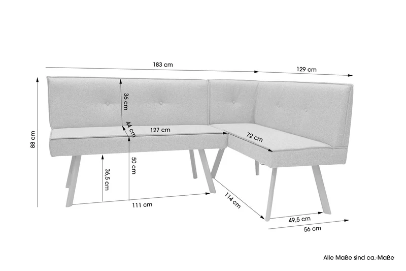 Eckbank OTTAWA, langer Schenkel links oder rechts, hellgrau, Eiche natur, umlaufender Keder und Zierknöpfe, Sitzbank, Eckbank, Maße: 183 x 129, H 88, T 56 oder 129 x 183, H 88, T 56 cm