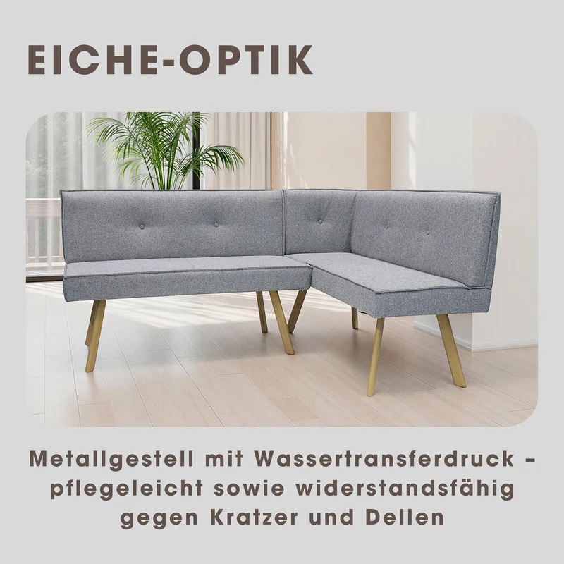 Eckbank OTTAWA, langer Schenkel links oder rechts, hellgrau, Eiche natur, umlaufender Keder und Zierknöpfe, Sitzbank, Eckbank, Maße: 183 x 129, H 88, T 56 oder 129 x 183, H 88, T 56 cm