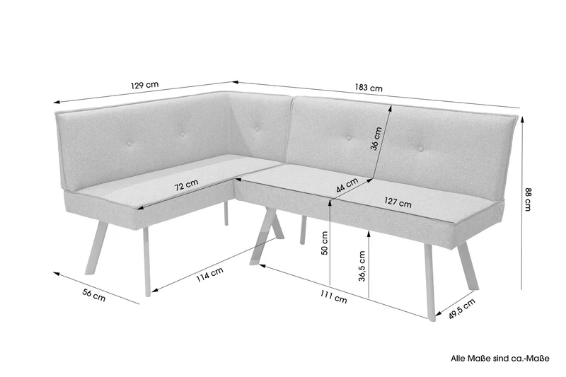 Eckbank OTTAWA, langer Schenkel links oder rechts, hellgrau, Eiche natur, umlaufender Keder und Zierknöpfe, Sitzbank, Eckbank, Maße: 183 x 129, H 88, T 56 oder 129 x 183, H 88, T 56 cm