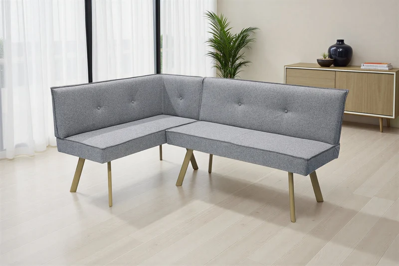 Eckbank OTTAWA, langer Schenkel links oder rechts, hellgrau, Eiche natur, umlaufender Keder und Zierknöpfe, Sitzbank, Eckbank, Maße: 183 x 129, H 88, T 56 oder 129 x 183, H 88, T 56 cm