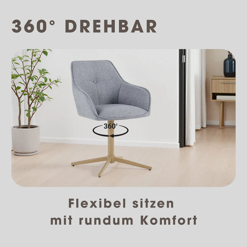 Stuhl 2er Set OTTAWA, Webstoff hellgrau, Metall eichefarbig, 360° drehbar mit Armlehnen, Esszimmerstuhl, Polsterstuhl, Maße: B 62, H 84,5, T 58 cm