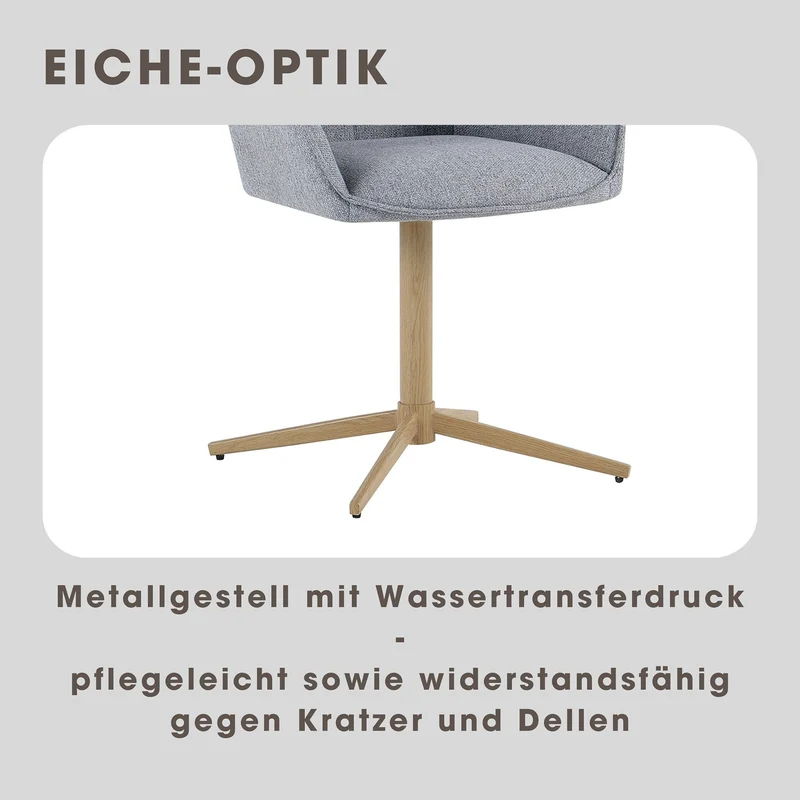 Stuhl 2er Set OTTAWA, Webstoff hellgrau, Metall eichefarbig, 360° drehbar mit Armlehnen, Esszimmerstuhl, Polsterstuhl, Maße: B 62, H 84,5, T 58 cm
