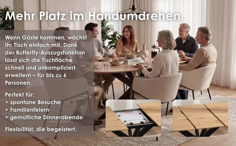 Ausziehbarer Esstisch 140x90 cm, erweiterbar auf 180 cm Mittelauszug Butterfly Funktion, Ovaler Tisch Esszimmer, Eiche Optik, Metallfuß Schwarz stabil, Maße: 140-180 x 90, H 75 cm