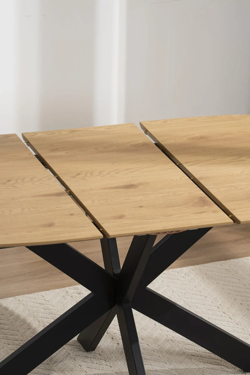 Ausziehbarer Esstisch 140x90 cm, erweiterbar auf 180 cm Mittelauszug Butterfly Funktion, Ovaler Tisch Esszimmer, Eiche Optik, Metallfuß Schwarz stabil, Maße: 140-180 x 90, H 75 cm