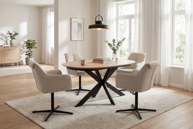 Ausziehbarer Esstisch 140x90 cm, erweiterbar auf 180 cm Mittelauszug Butterfly Funktion, Ovaler Tisch Esszimmer, Eiche Optik, Metallfuß Schwarz stabil, Maße: 140-180 x 90, H 75 cm