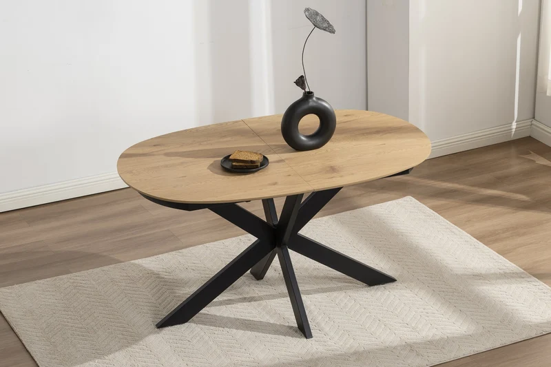 Ausziehbarer Esstisch 140x90 cm, erweiterbar auf 180 cm Mittelauszug Butterfly Funktion, Ovaler Tisch Esszimmer, Eiche Optik, Metallfuß Schwarz stabil, Maße: 140-180 x 90, H 75 cm