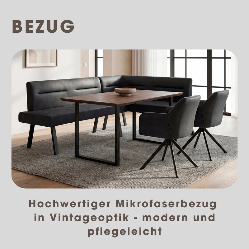 Eckbank MONTREAL, langer Schenkel links oder rechts, Bezug in anthrazit, Gestell in schwarz, Ziernaht im Rücken, Taschenfederkern, Esszimmerbank, Küchenbank, Maße: 181 x 128, H 87, T 56 oder 128 x 181, H 87, T 56 cm