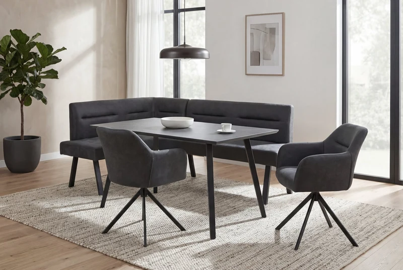 Eckbank MONTREAL, langer Schenkel links oder rechts, Bezug in anthrazit, Gestell in schwarz, Ziernaht im Rücken, Taschenfederkern, Esszimmerbank, Küchenbank, Maße: 181 x 128, H 87, T 56 oder 128 x 181, H 87, T 56 cm