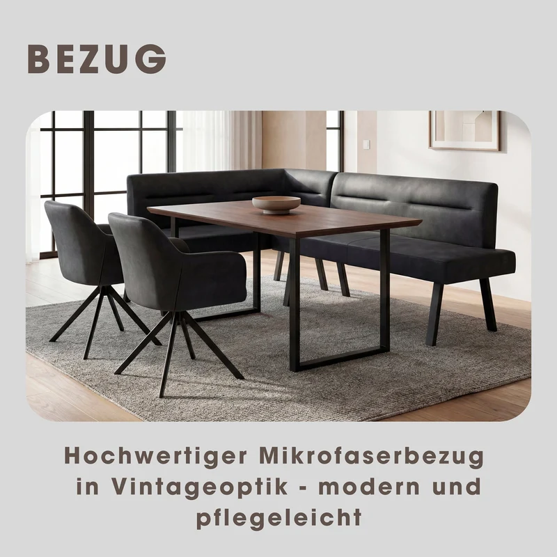 Eckbank MONTREAL, langer Schenkel links oder rechts, Bezug in anthrazit, Gestell in schwarz, Ziernaht im Rücken, Taschenfederkern, Esszimmerbank, Küchenbank, Maße: 181 x 128, H 87, T 56 oder 128 x 181, H 87, T 56 cm