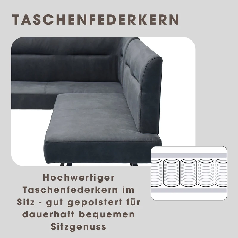 Eckbank MONTREAL, langer Schenkel links oder rechts, Bezug in anthrazit, Gestell in schwarz, Ziernaht im Rücken, Taschenfederkern, Esszimmerbank, Küchenbank, Maße: 181 x 128, H 87, T 56 oder 128 x 181, H 87, T 56 cm