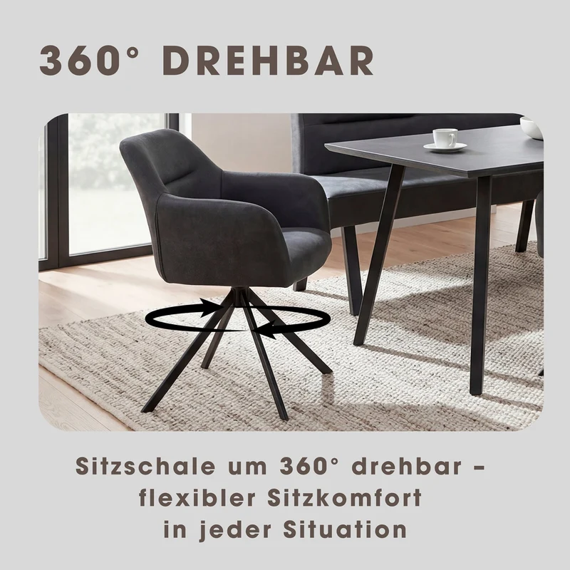Esszimmerstuhl 2er Set MONTREAL, 360° drehbar mit Ziernaht im Rücken, Bezug in anthrazit, Gestell in schwarz, Küchenstuhl, Maße: B 57, H 81, T 58 cm