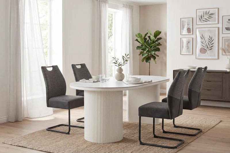 Esstisch oval KAVALA 180x90 oder 200x100 cm, Säulentisch in Riffel-Optik, Tischplatte Sinter Stone Keramikoptik creme oder Travertine, moderner Küchentisch für 4 Personen