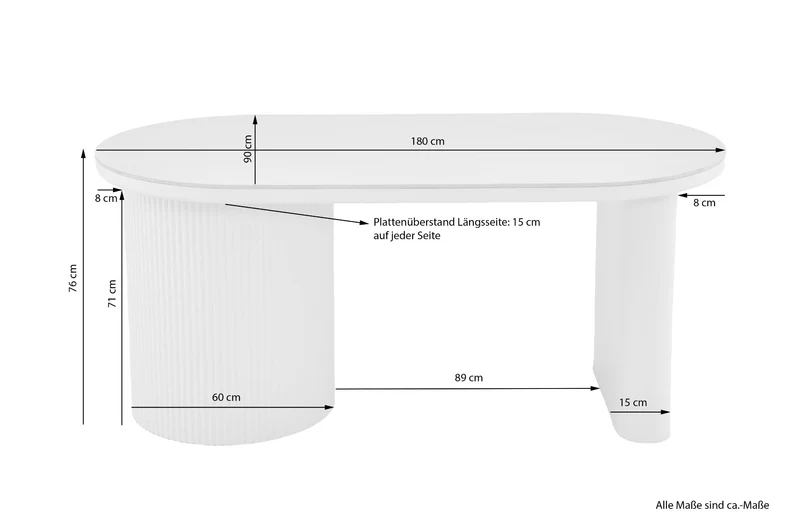 Esstisch oval KAVALA 180x90 oder 200x100 cm, Säulentisch in Riffel-Optik, Tischplatte Sinter Stone Keramikoptik creme oder Travertine, moderner Küchentisch für 4 Personen
