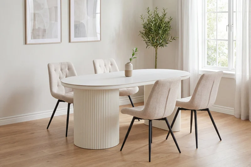 Esstisch oval KAVALA 180x90 oder 200x100 cm, Säulentisch in Riffel-Optik, Tischplatte Sinter Stone Keramikoptik creme oder Travertine, moderner Küchentisch für 4 Personen