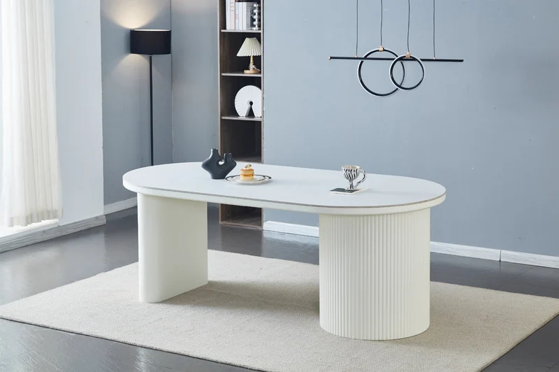 Esstisch oval KAVALA 180x90 oder 200x100 cm, Säulentisch in Riffel-Optik, Tischplatte Sinter Stone Keramikoptik creme oder Travertine, moderner Küchentisch für 4 Personen