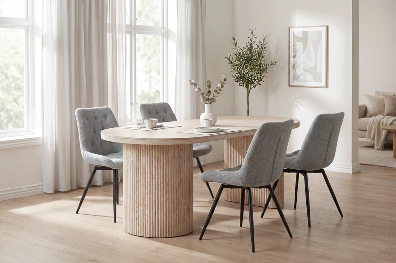 Esstisch oval KAVALA 180x90 oder 200x100 cm, Säulentisch in Riffel-Optik, Tischplatte Sinter Stone Keramikoptik creme oder Travertine, moderner Küchentisch für 4 Personen