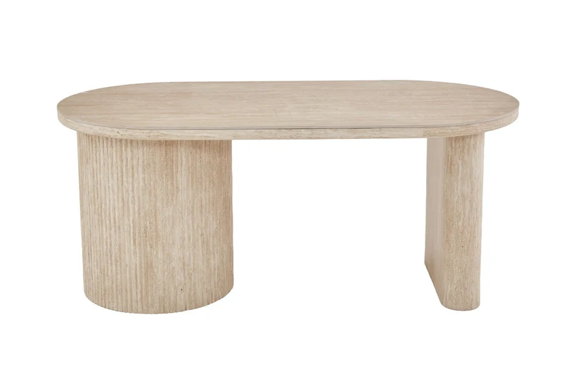 Esstisch oval KAVALA 180x90 oder 200x100 cm, Säulentisch in Riffel-Optik, Tischplatte Sinter Stone Keramikoptik creme oder Travertine, moderner Küchentisch für 4 Personen