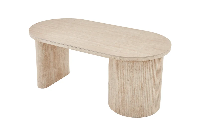 Esstisch oval KAVALA 180x90 oder 200x100 cm, Säulentisch in Riffel-Optik, Tischplatte Sinter Stone Keramikoptik creme oder Travertine, moderner Küchentisch für 4 Personen