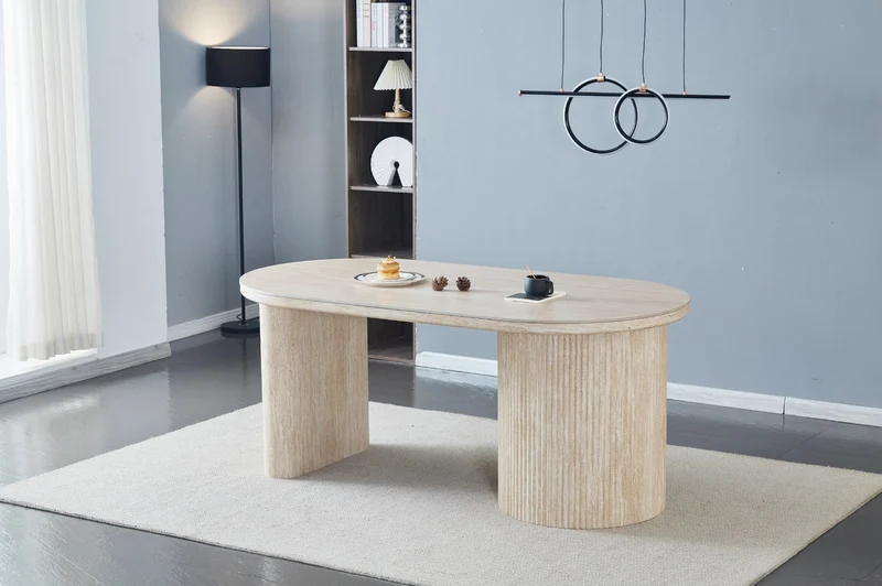 Esstisch oval KAVALA 180x90 oder 200x100 cm, Säulentisch in Riffel-Optik, Tischplatte Sinter Stone Keramikoptik creme oder Travertine, moderner Küchentisch für 4 Personen