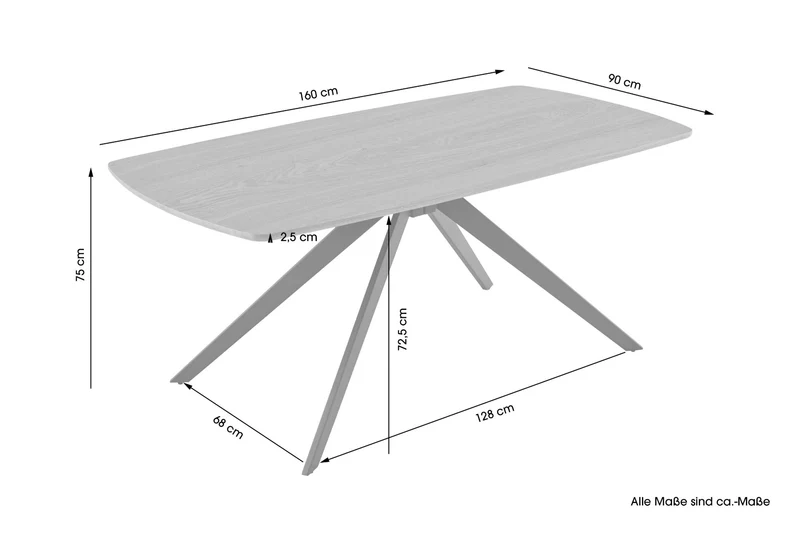 Esstisch JASON / Tischplatte in Eiche natur, Spinnenfußgestell in schwarz / Echtholzfurnier & abgerundete Kanten / Esszimmertisch / Küchentisch / Maße: 160 x 90, H 75 cm