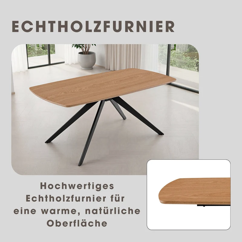 Esstisch JASON / Tischplatte in Eiche natur, Spinnenfußgestell in schwarz / Echtholzfurnier & abgerundete Kanten / Esszimmertisch / Küchentisch / Maße: 160 x 90, H 75 cm