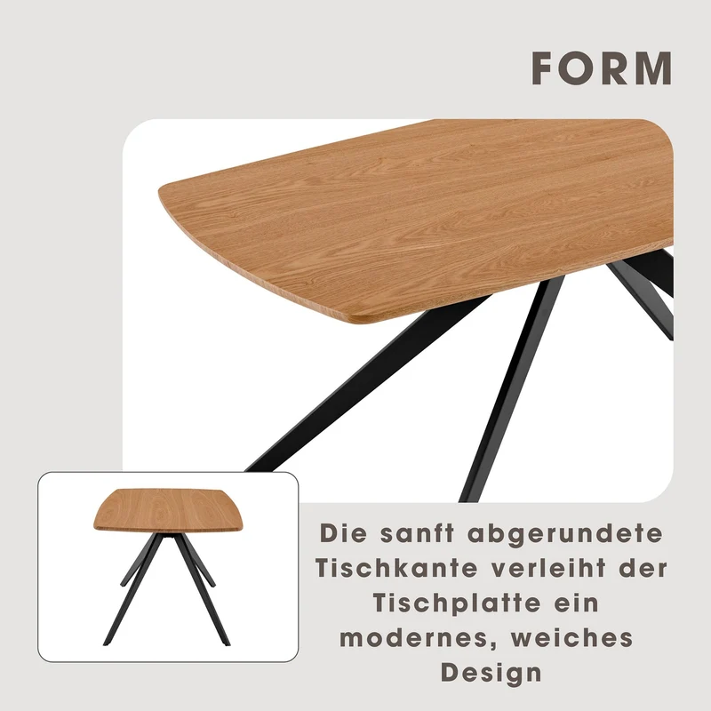 Esstisch JASON / Tischplatte in Eiche natur, Spinnenfußgestell in schwarz / Echtholzfurnier & abgerundete Kanten / Esszimmertisch / Küchentisch / Maße: 160 x 90, H 75 cm