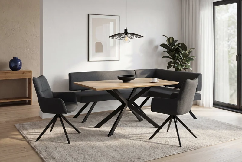 Esszimmerstuhl 2er Set HAMILTON drehbar 360 Grad, Webstoff dunkelgrau, hellgrau oder taupe, Metallgestell schwarz, Küchenstuhl mit Armlehnen, Maße: B 57, H 90, T 63 cm