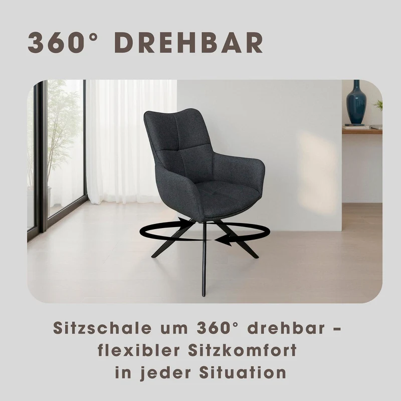 Esszimmerstuhl 2er Set HAMILTON drehbar 360 Grad, Webstoff dunkelgrau, hellgrau oder taupe, Metallgestell schwarz, Küchenstuhl mit Armlehnen, Maße: B 57, H 90, T 63 cm