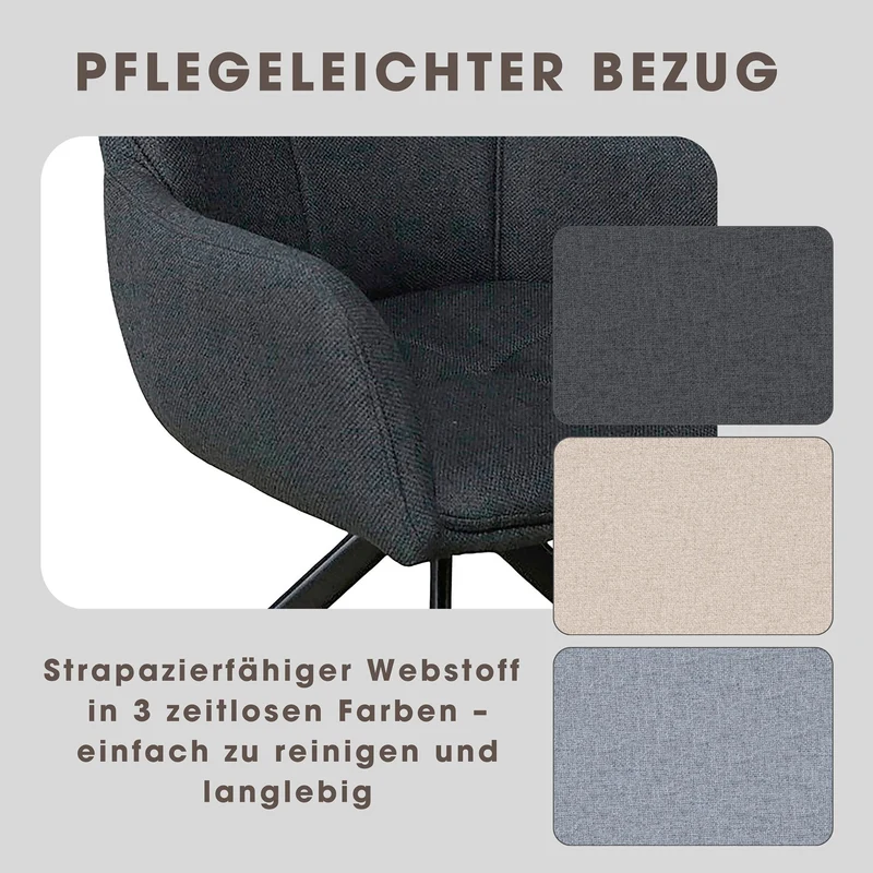 Esszimmerstuhl 2er Set HAMILTON drehbar 360 Grad, Webstoff dunkelgrau, hellgrau oder taupe, Metallgestell schwarz, Küchenstuhl mit Armlehnen, Maße: B 57, H 90, T 63 cm