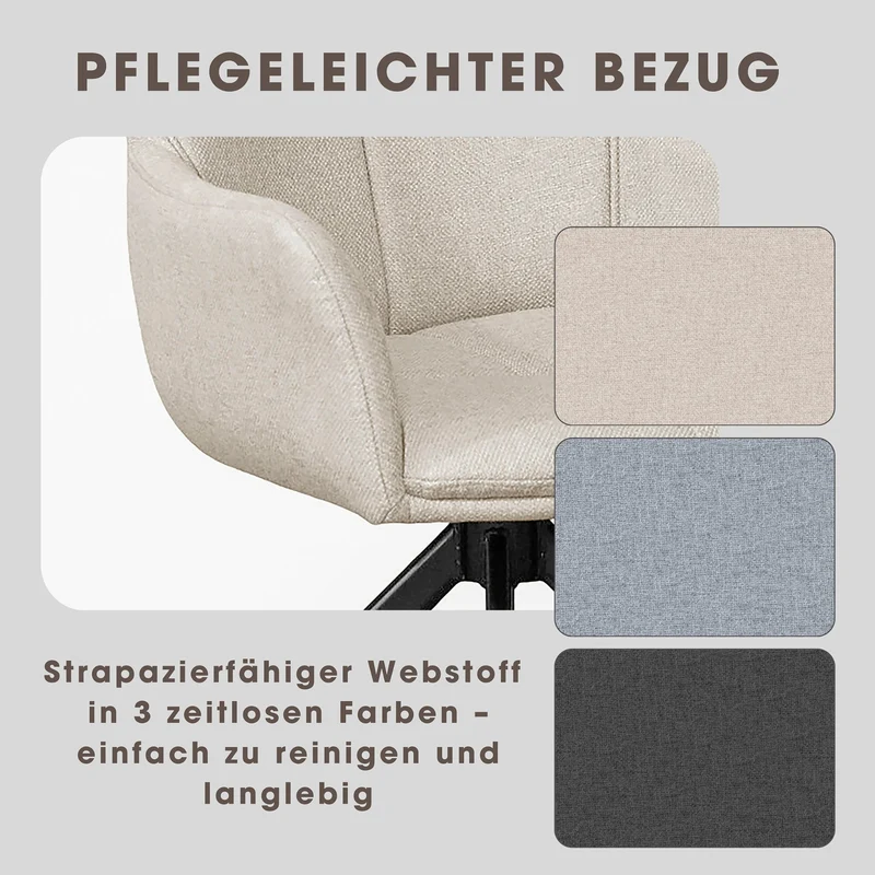 Esszimmerstuhl 2er Set HAMILTON drehbar 360 Grad, Webstoff dunkelgrau, hellgrau oder taupe, Metallgestell schwarz, Küchenstuhl mit Armlehnen, Maße: B 57, H 90, T 63 cm