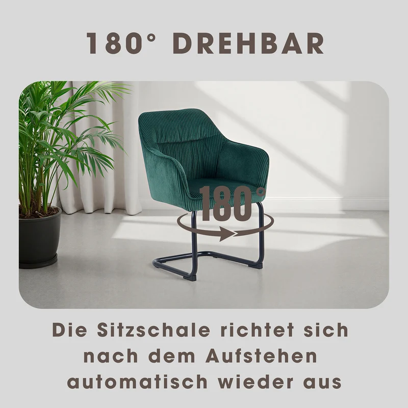 ELBA Schwingstuhl 2er Set, drehbar 180° mit Rückholfunktion, Grob-Cord dunkelgrün, Metallgestell schwarz, Armlehnen