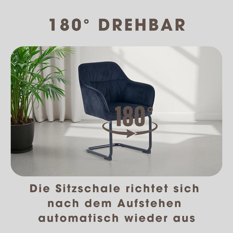 ELBA Schwingstuhl 2er Set, drehbar 180° mit Rückholfunktion, Grob-Cord dunkelgrün, Metallgestell schwarz, Armlehnen