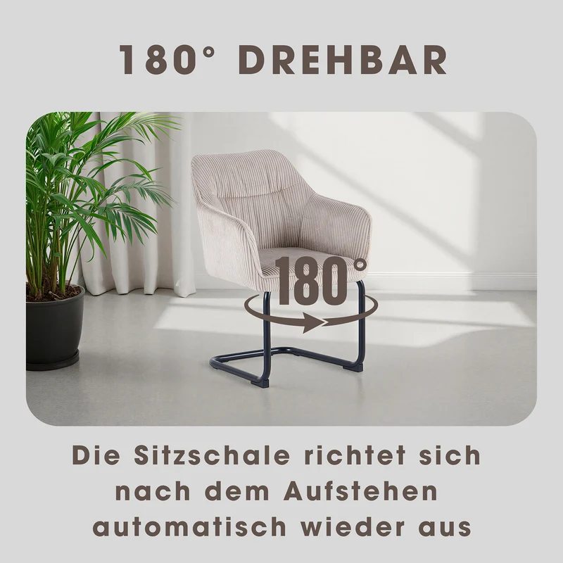 ELBA Schwingstuhl 2er Set, drehbar 180° mit Rückholfunktion, Grob-Cord dunkelgrün, Metallgestell schwarz, Armlehnen