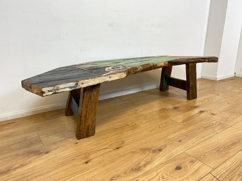 Boatwood by WMK I Robuste Bank aus altem Bootsholz I handgefertigtes Unikat mit Originalfarben I Teakholz massiv in Originalfarbe